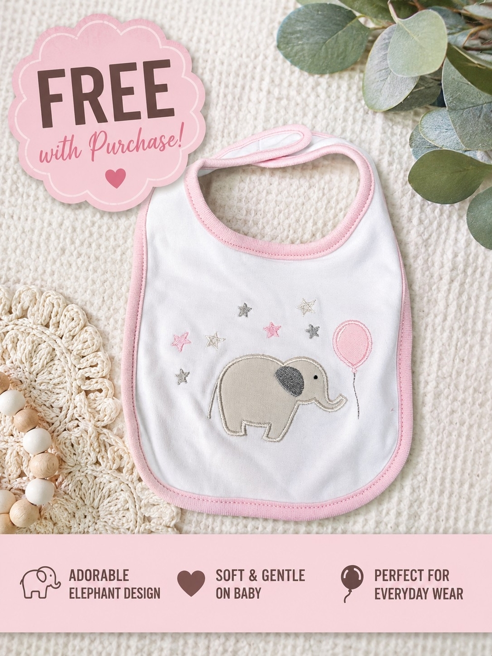 🎁 FREE with Purchase | Baby Elephant Bib | Pink & White
